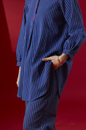 Hand- Embroidered Blue Stripe Kurta Top