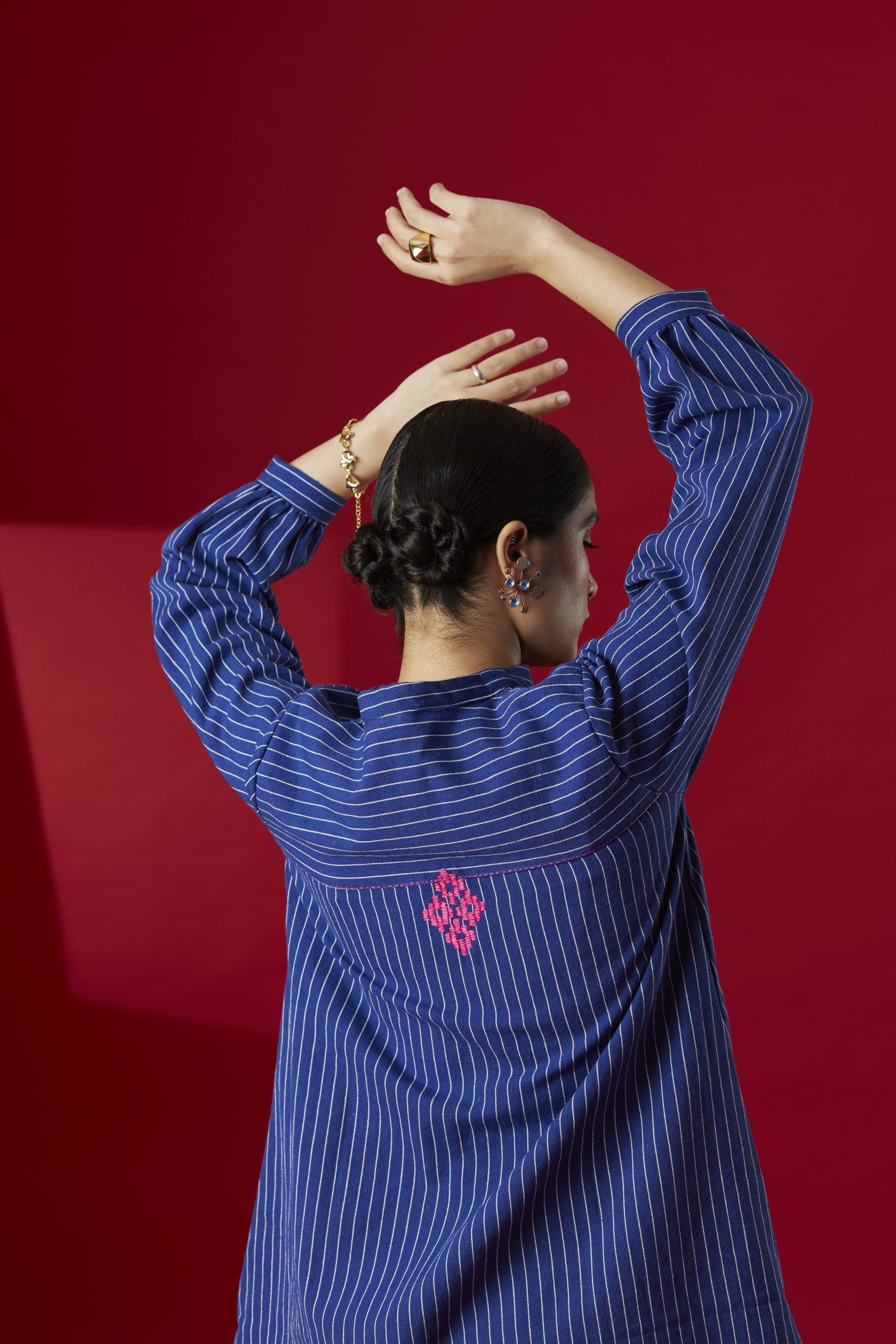 Hand- Embroidered Blue Stripe Kurta Top
