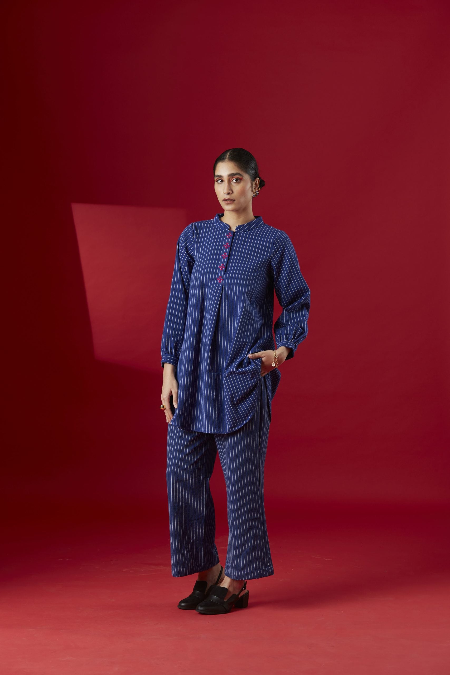 Hand- Embroidered Blue Stripe Kurta Top