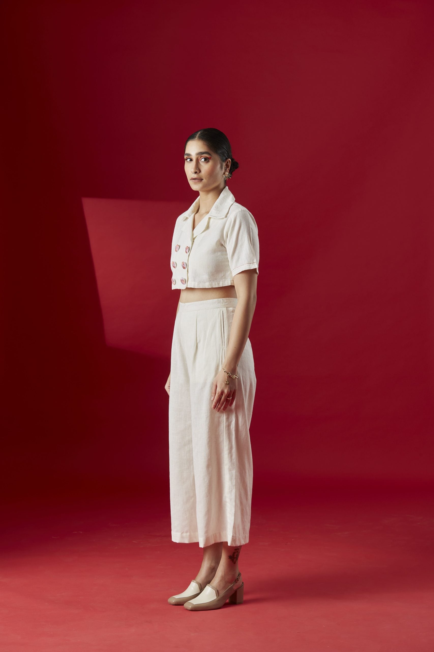 Trikon Button Detail Crop Top – White