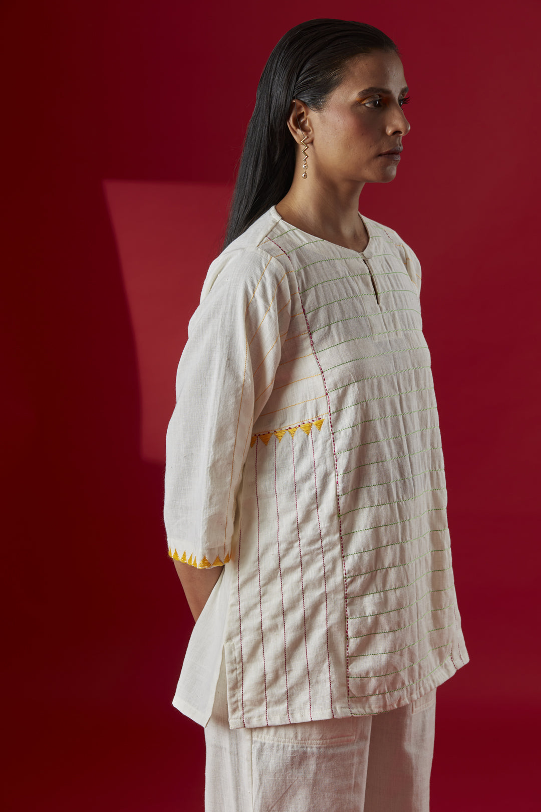 Trikon Multi-colored Phulkari Embroidery Top with Straight White Pants
