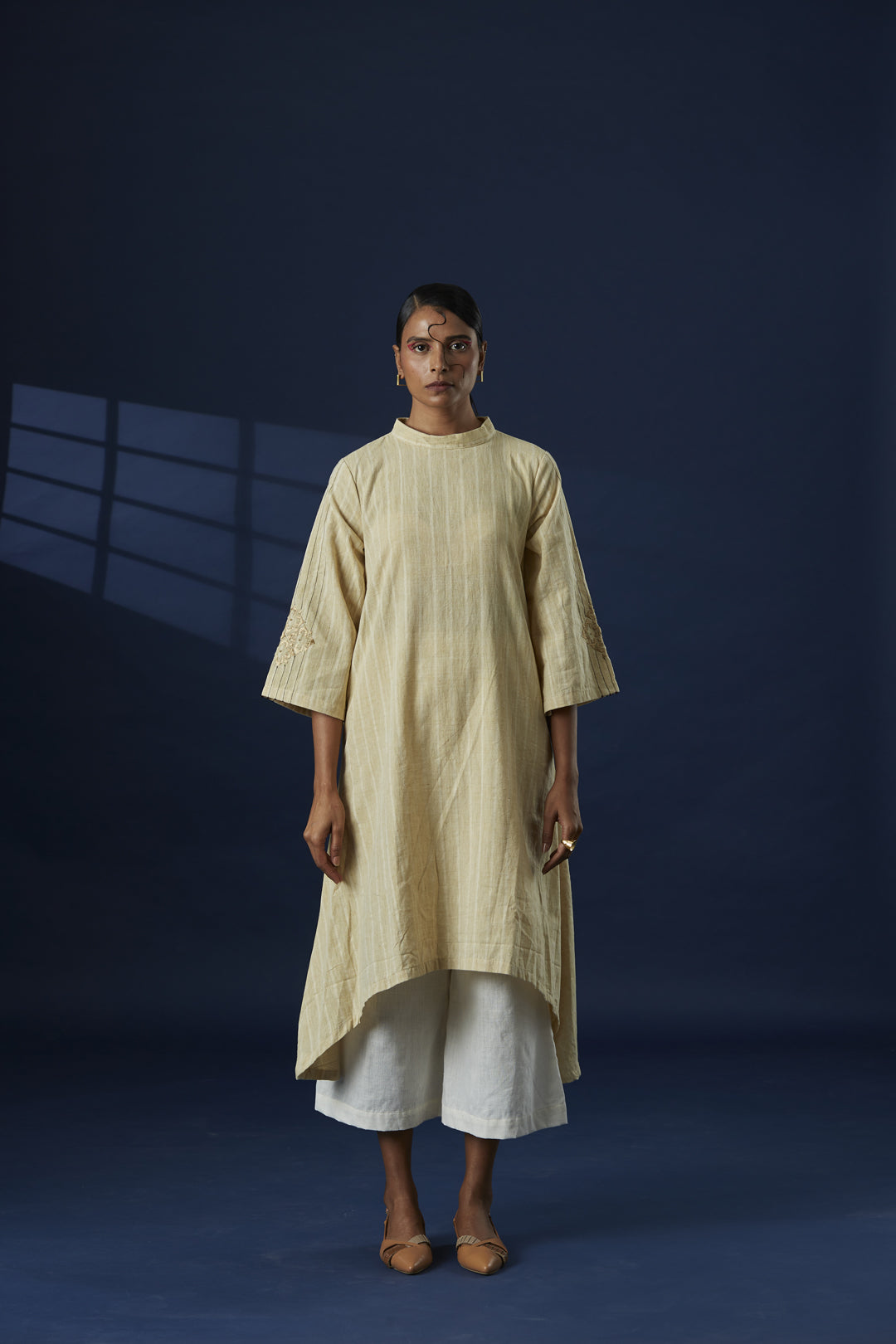 Broad Stripe Flared Cotton Kurta With Phulkari on Sleeve