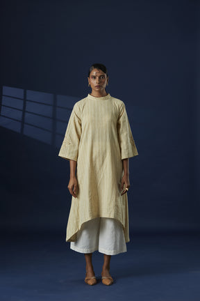 Broad Stripe Flared Cotton Kurta With Phulkari on Sleeve