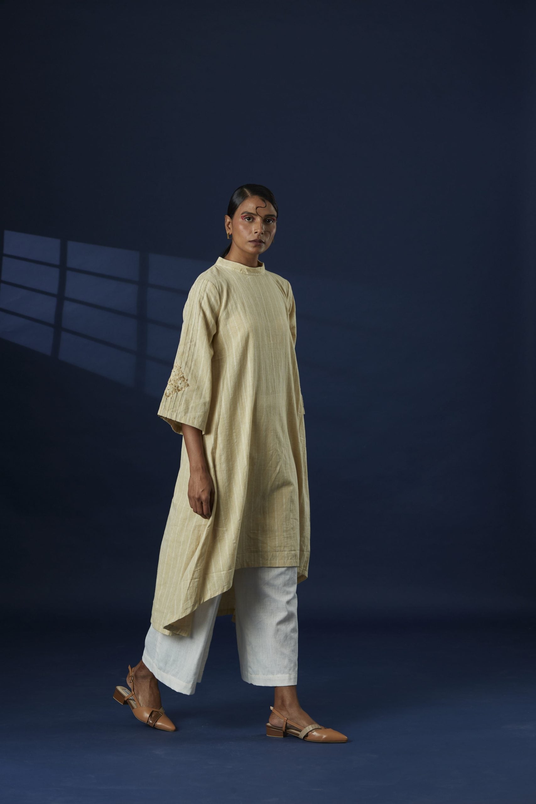 Broad Stripe Flared Cotton Kurta With Phulkari on Sleeve and White Culottes