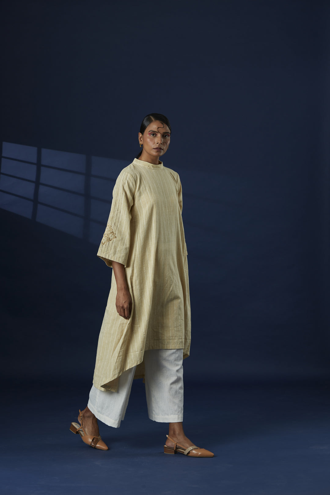 Broad Stripe Flared Cotton Kurta With Phulkari on Sleeve