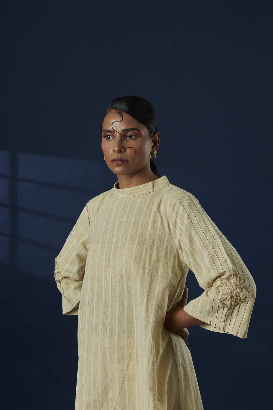 Broad Stripe Flared Cotton Kurta With Phulkari on Sleeve