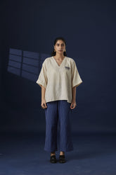 Hand-Embroidered Fluid Fit Cotton Kurta with Blue Striped Pants