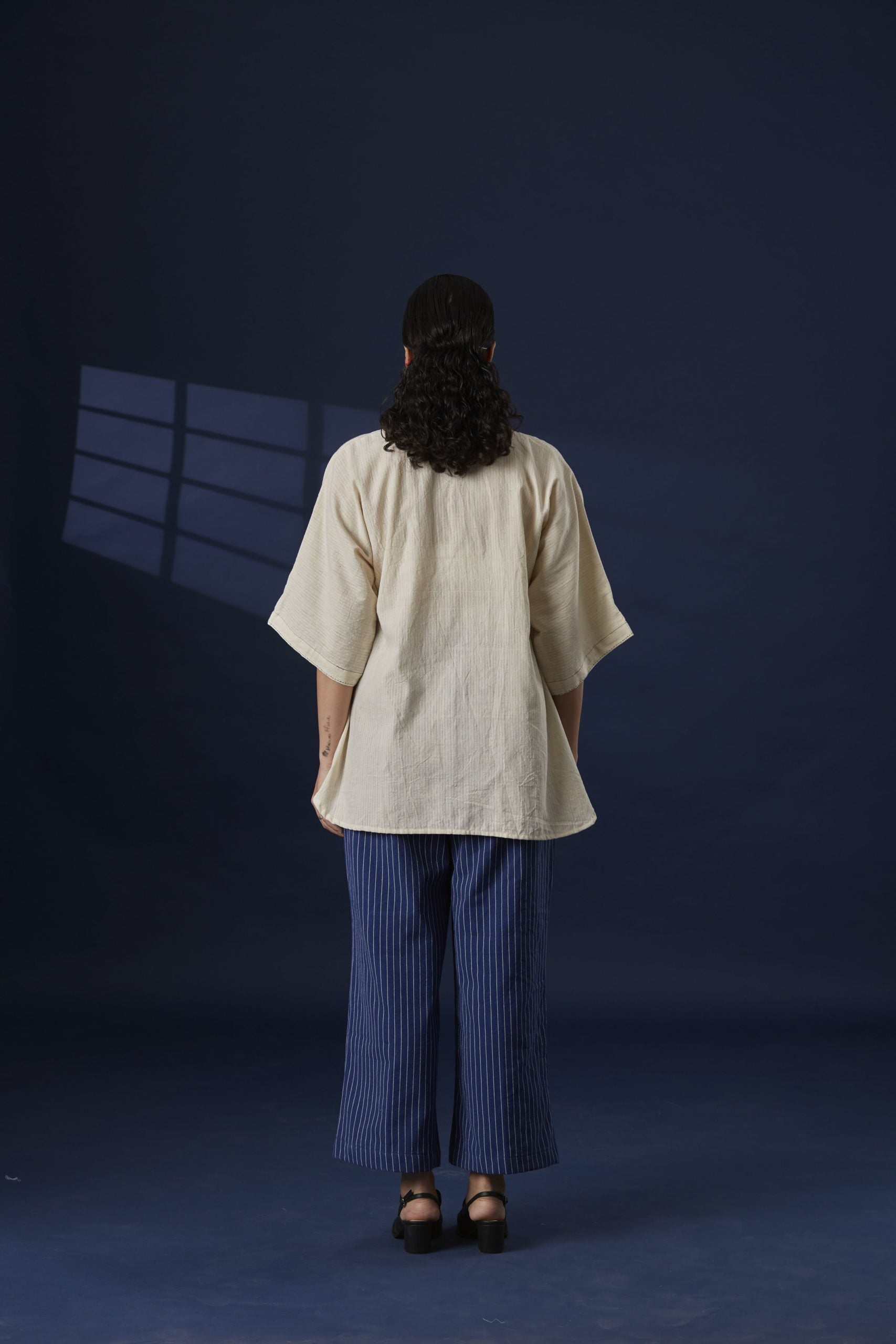 Hand-Embroidered Fluid Fit Cotton Kurta with Blue Striped Pants