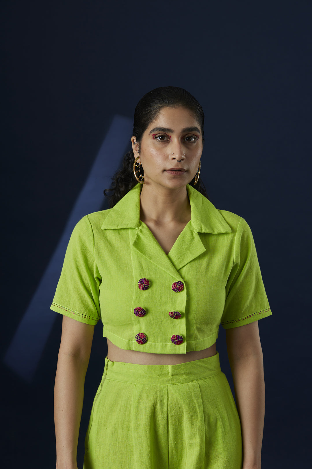 Trikon Button Detail Crop Top – Neon Green