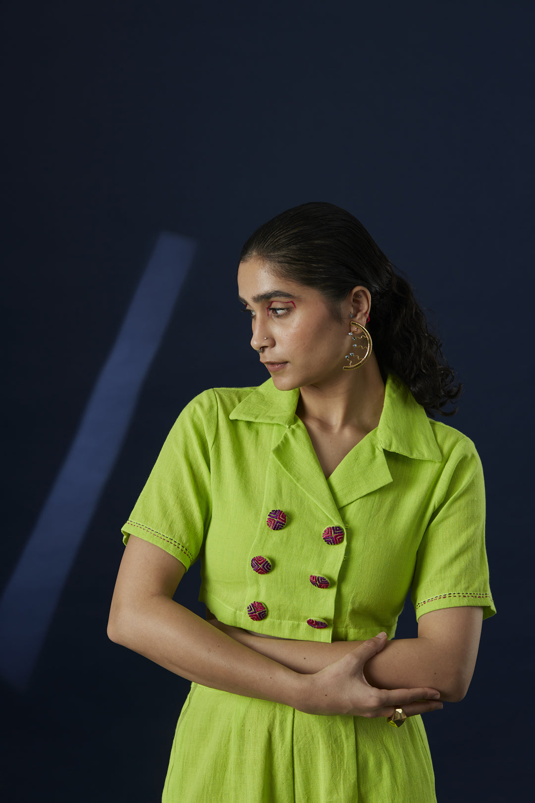 Trikon Button Detail Crop Top – Neon Green