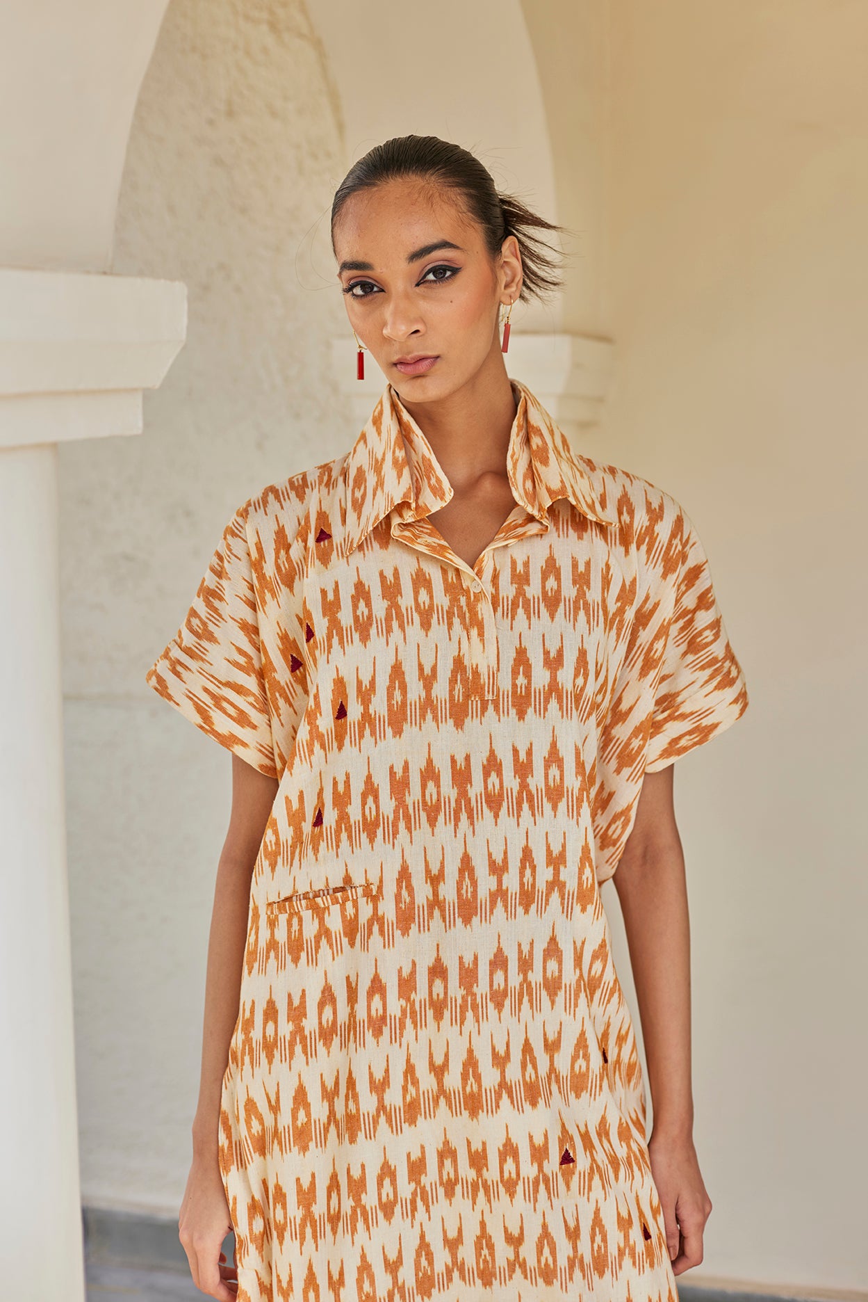 Phulkari Hand Embroidered Mustard Ikat Kaftan Dress