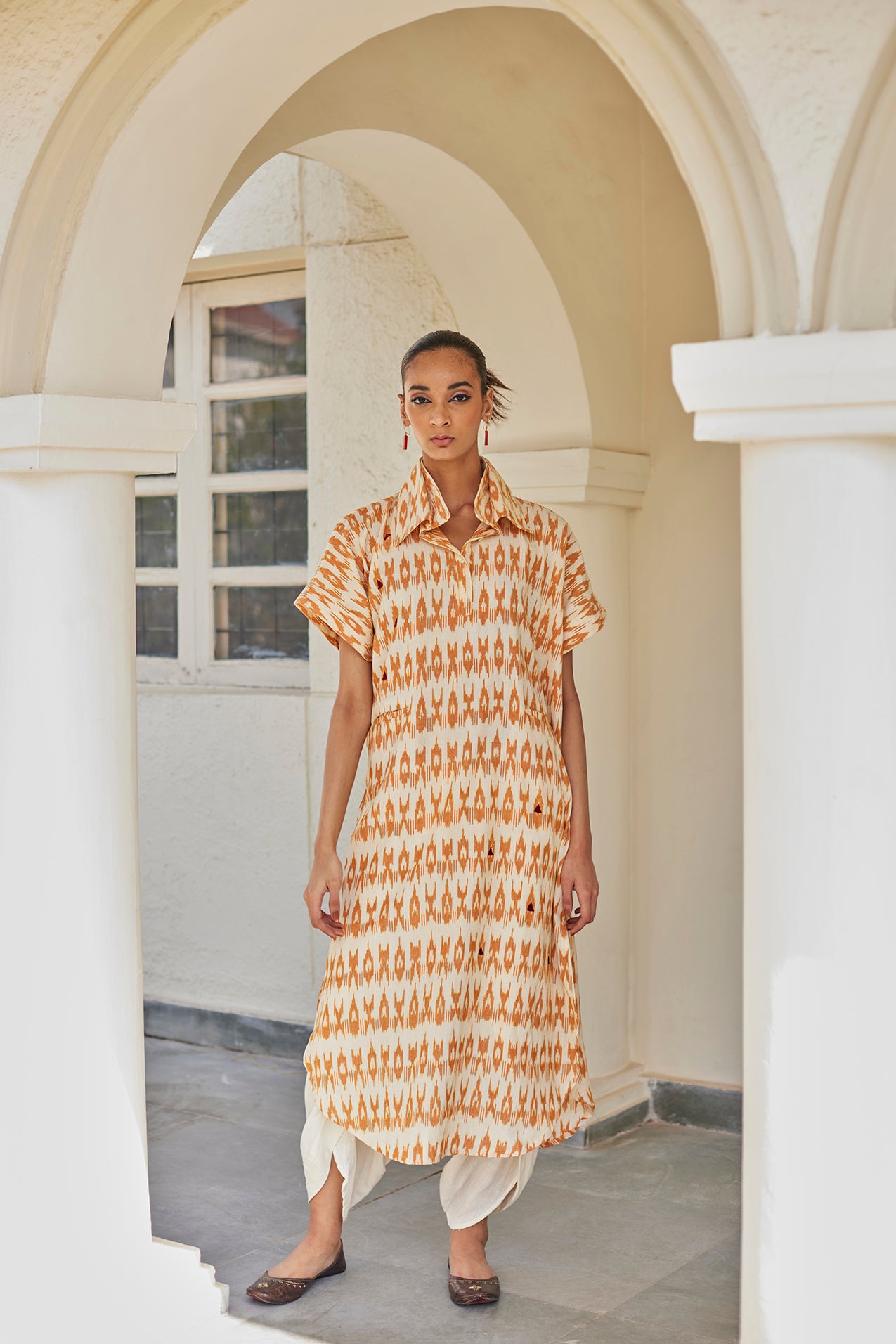 Phulkari Hand Embroidered Mustard Ikat Kaftan Dress