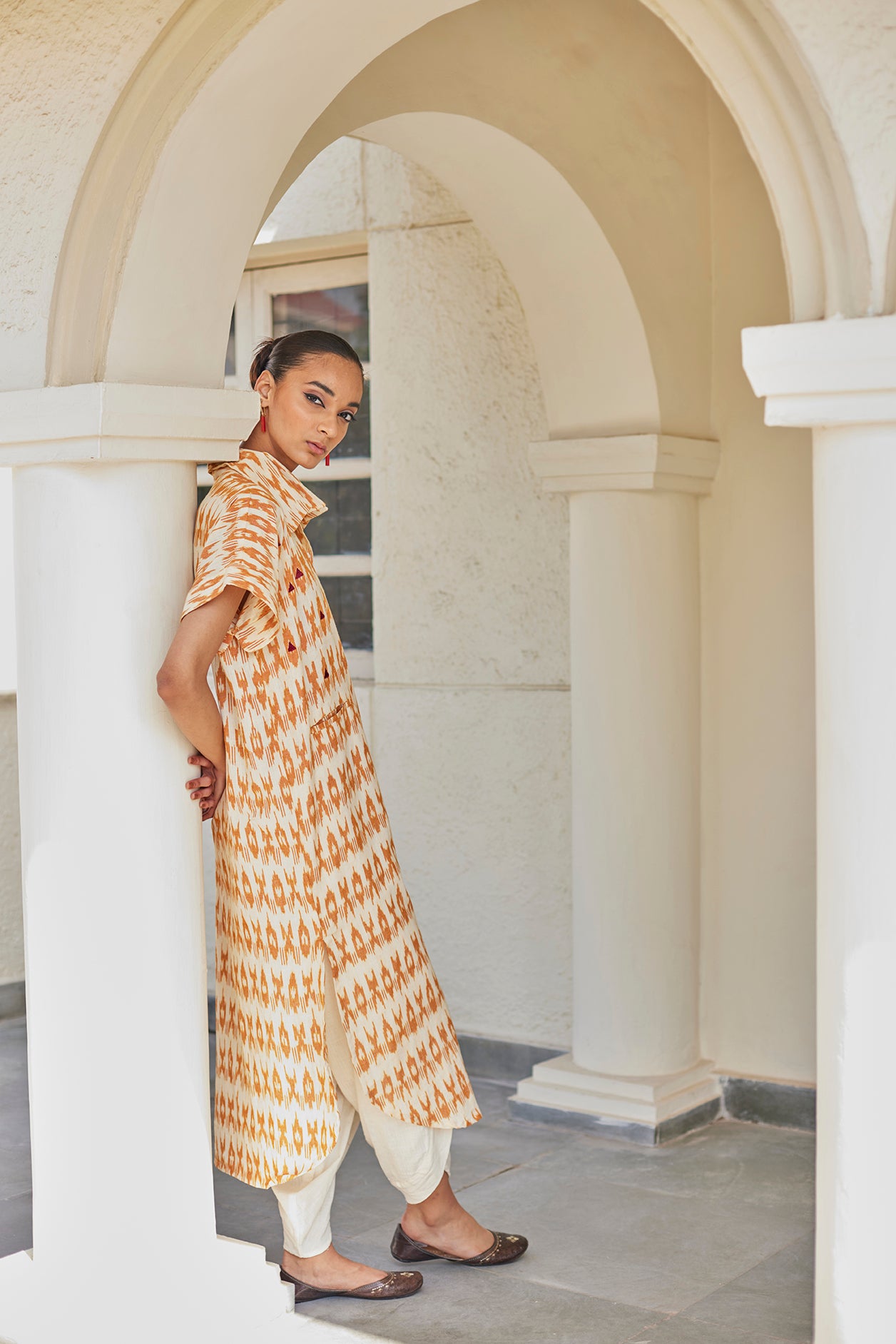 Phulkari Hand Embroidered Mustard Ikat Kaftan Dress