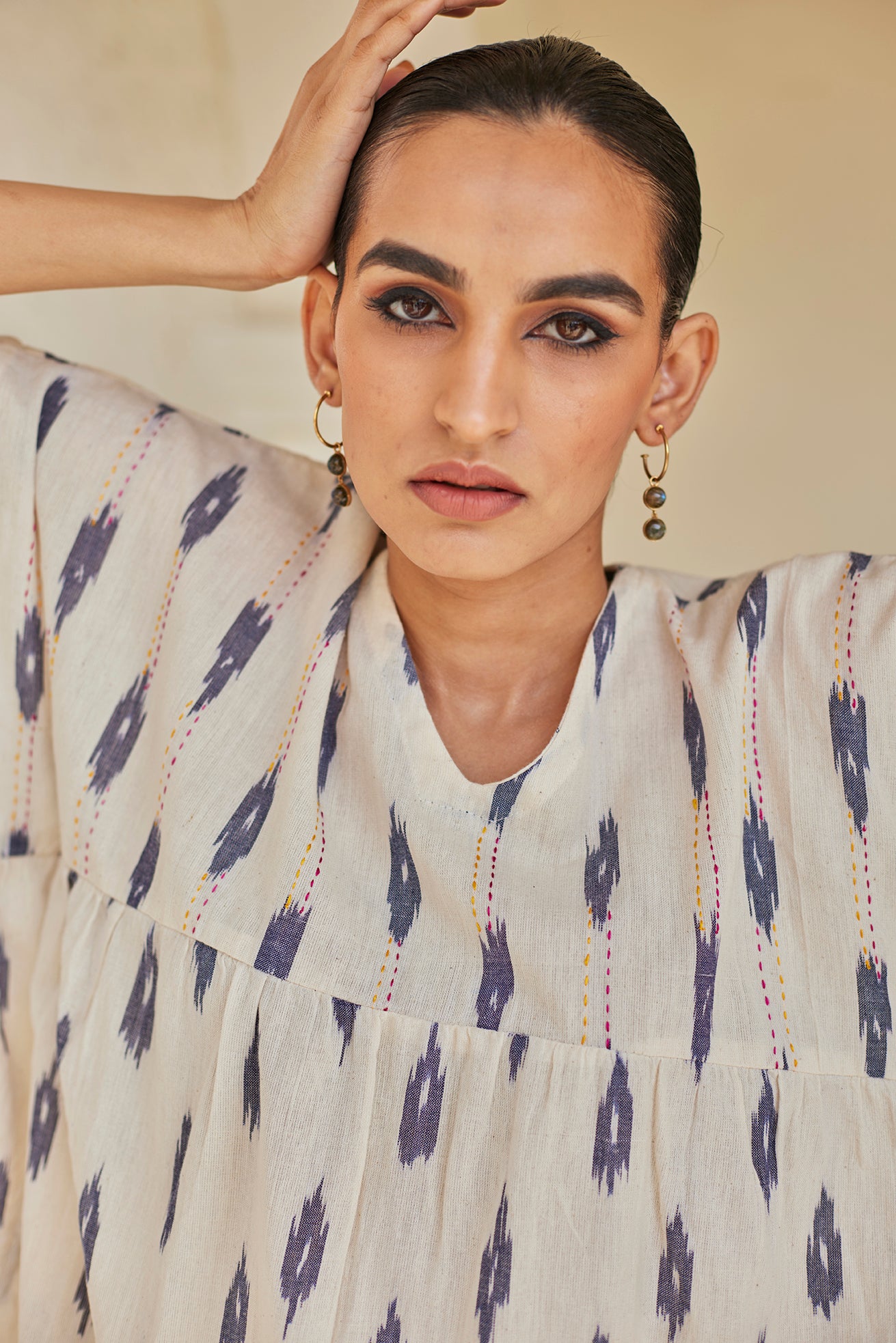 White Ikat Cotton Top