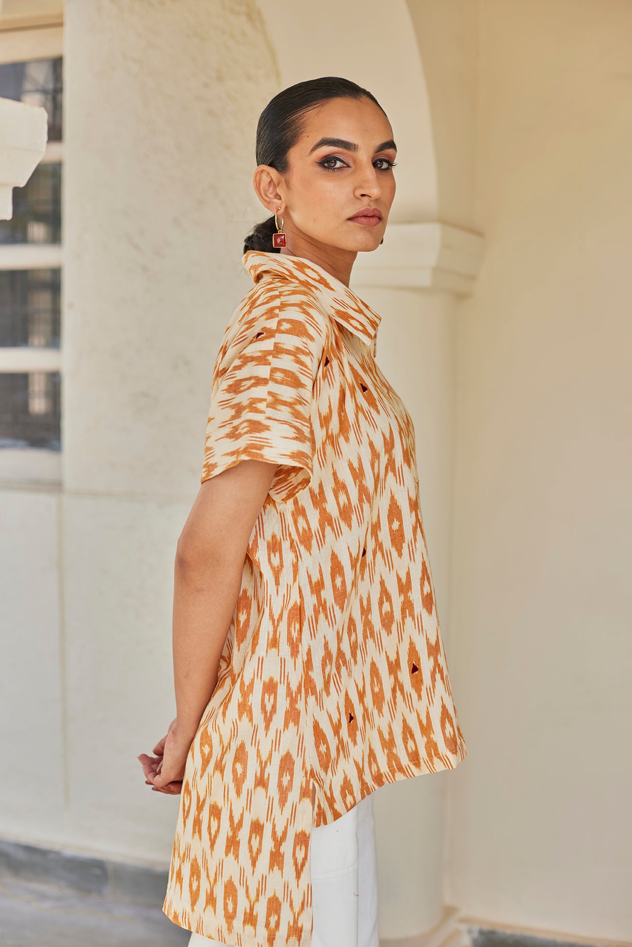 Asymmetrical Mustard Ikat Top