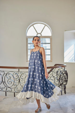 Blue Ikat Ruffles Dress