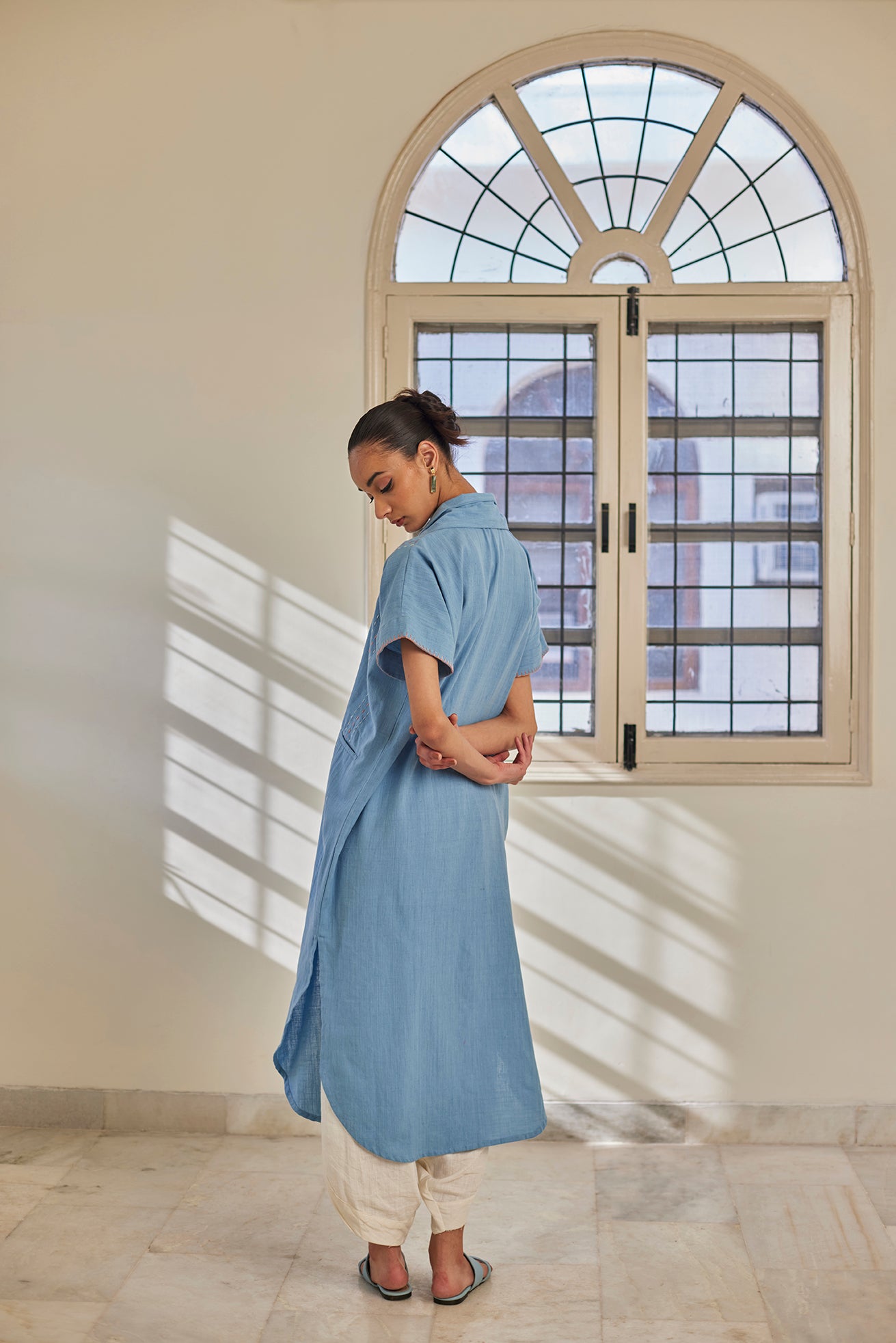Hand embroidered light blue kaftan