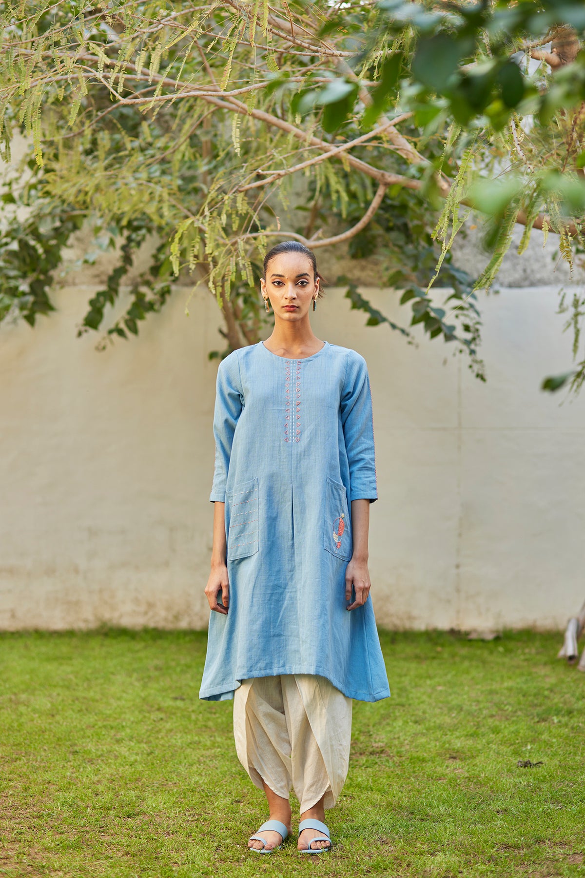 Light Blue Phulkari Cotton Kurta