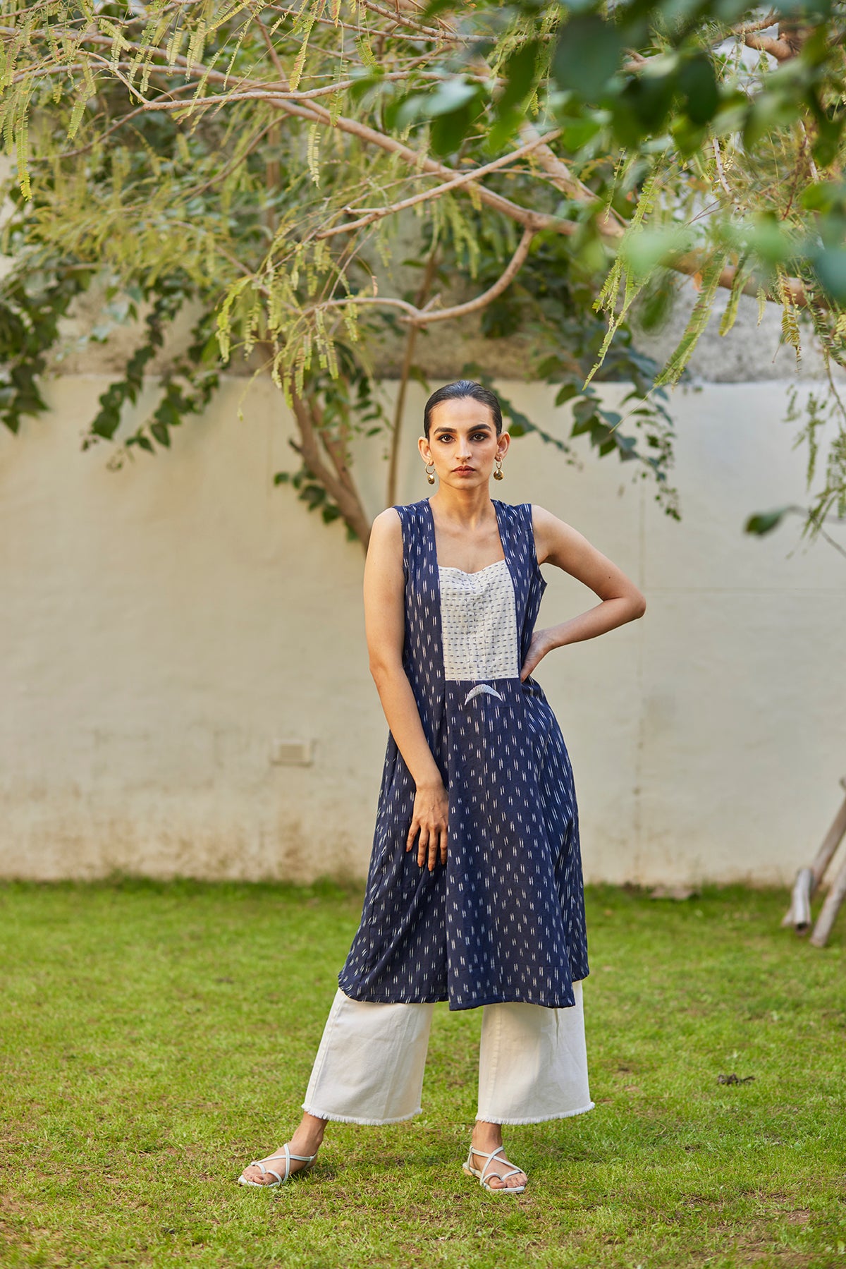 Cut Sleeves Blue Ikat Cotton Kurta