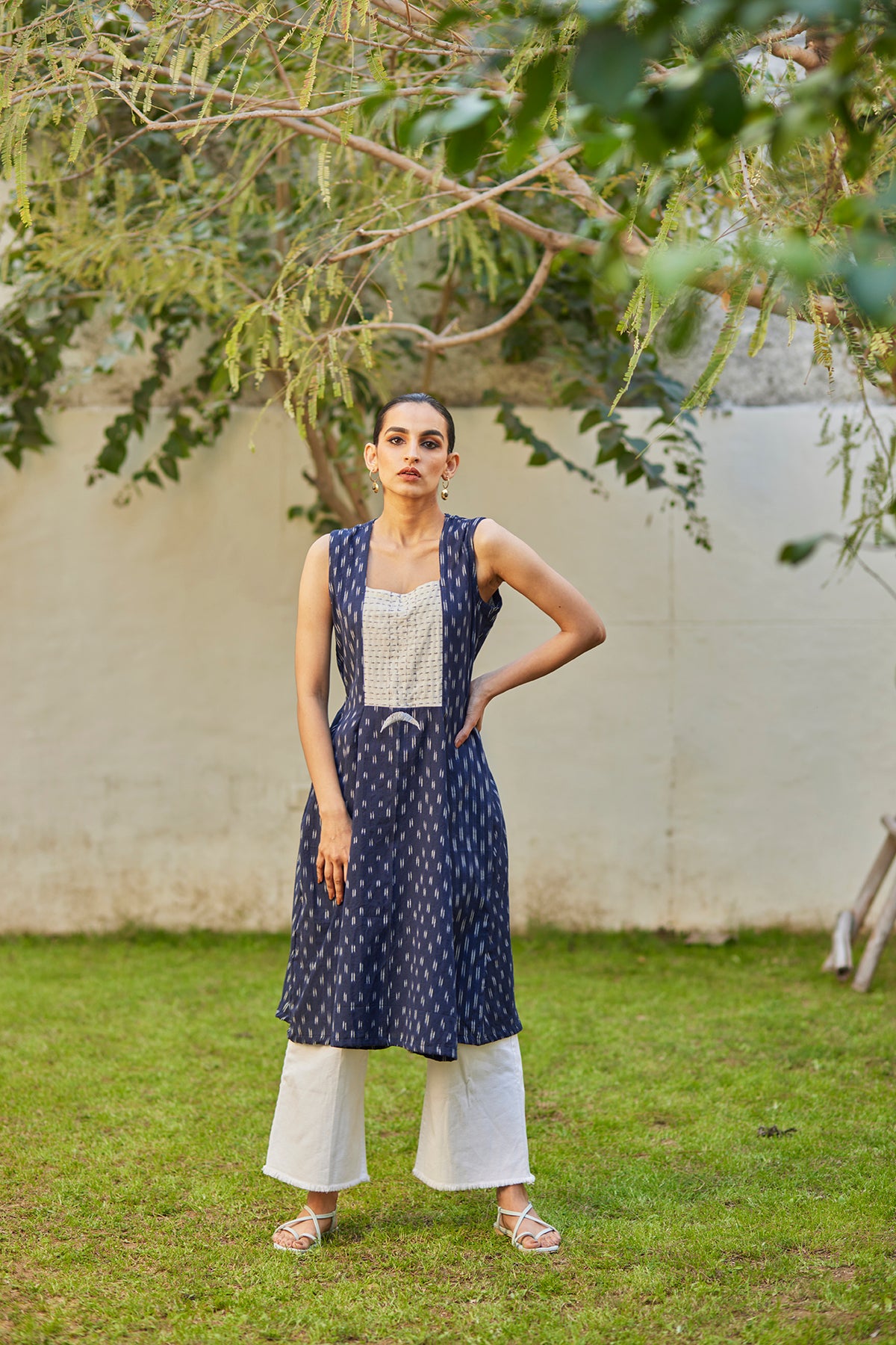 Cut Sleeves Blue Ikat Cotton Kurta