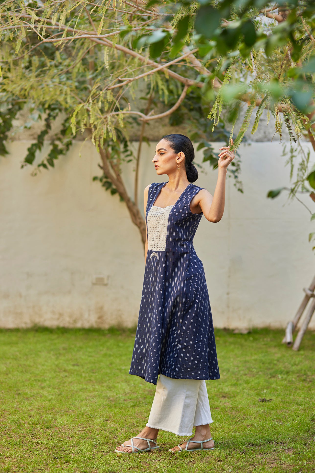 Cut Sleeves Blue Ikat Cotton Kurta