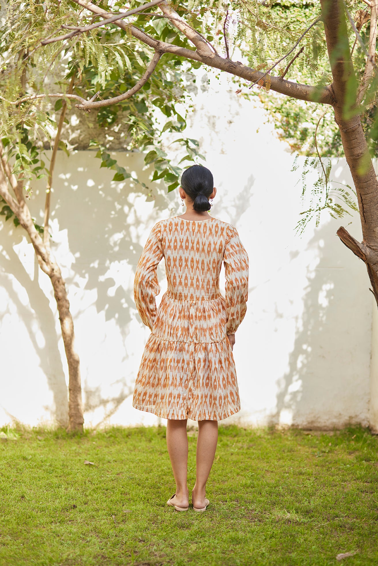 Flared Mustard Ikat Cotton Dress