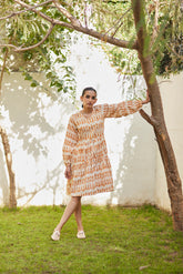 Flared Mustard Ikat Cotton Dress