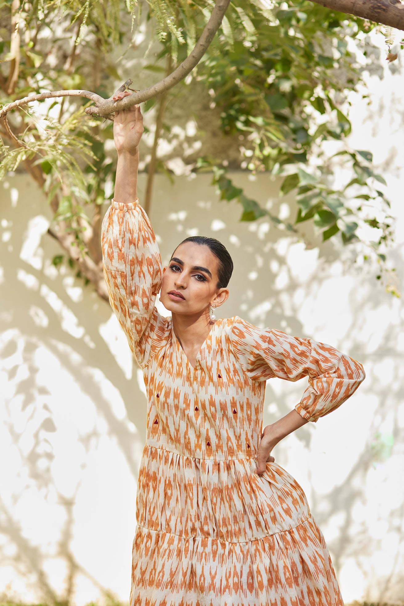 Flared Mustard Ikat Cotton Dress