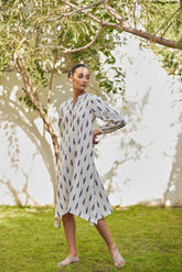 Long Sleeves White Ikat Cotton Dress