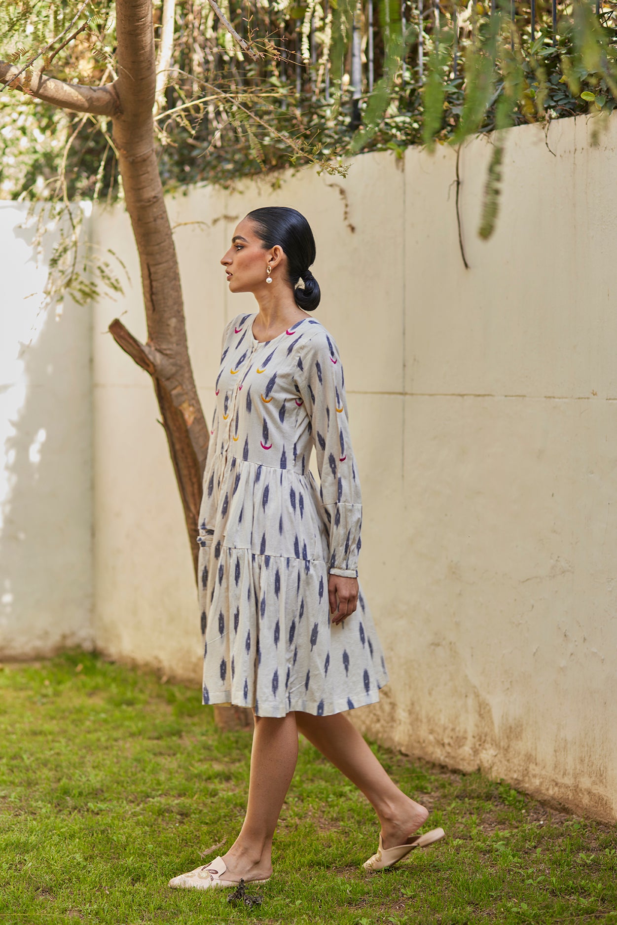 Handwoven White Ikat Flared Cotton Dress