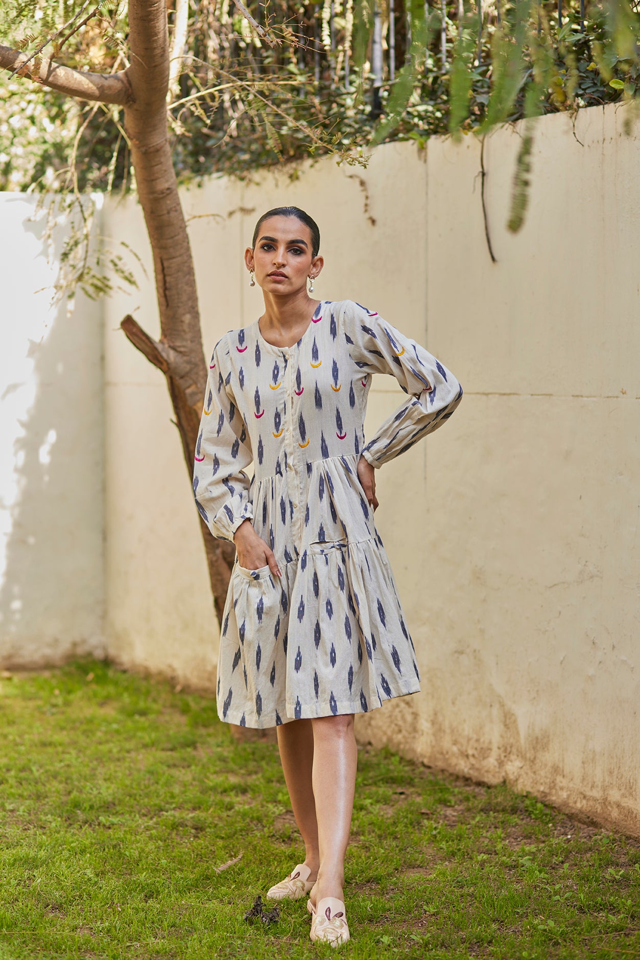 Handwoven White Ikat Flared Cotton Dress