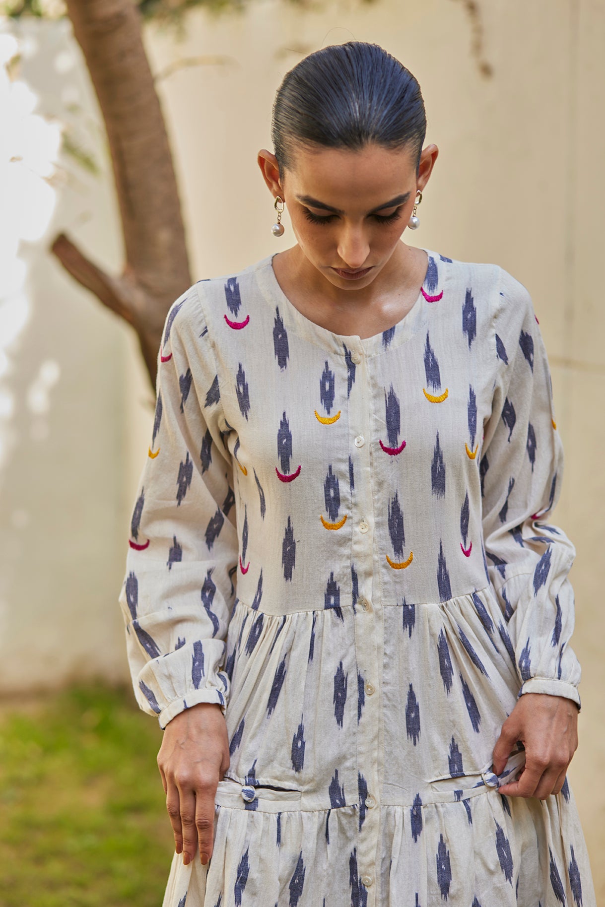 Handwoven White Ikat Flared Cotton Dress