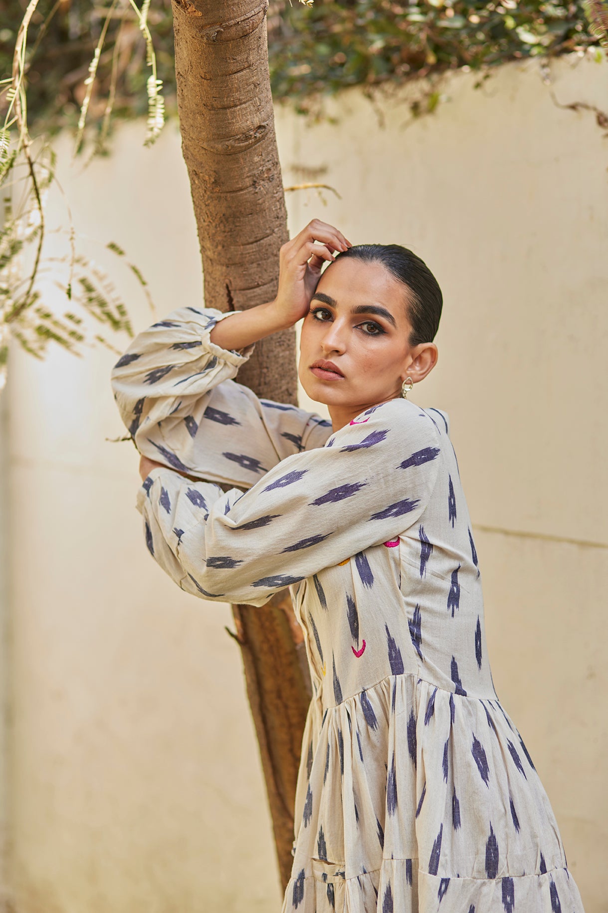Handwoven White Ikat Flared Cotton Dress
