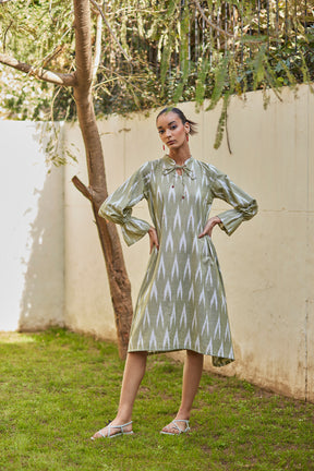 Flowy Green Ikat Cotton Dress