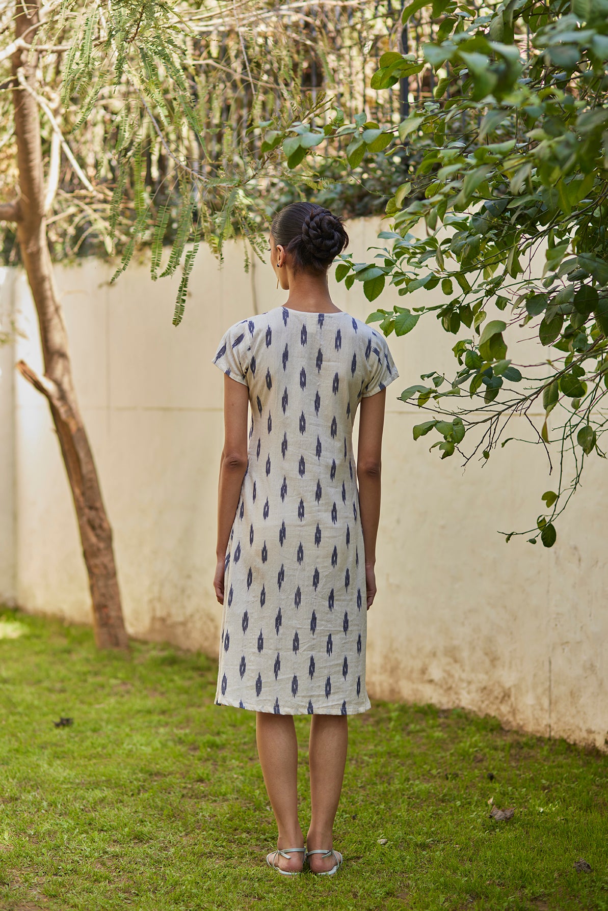 Short Sleeves White Ikat Dress