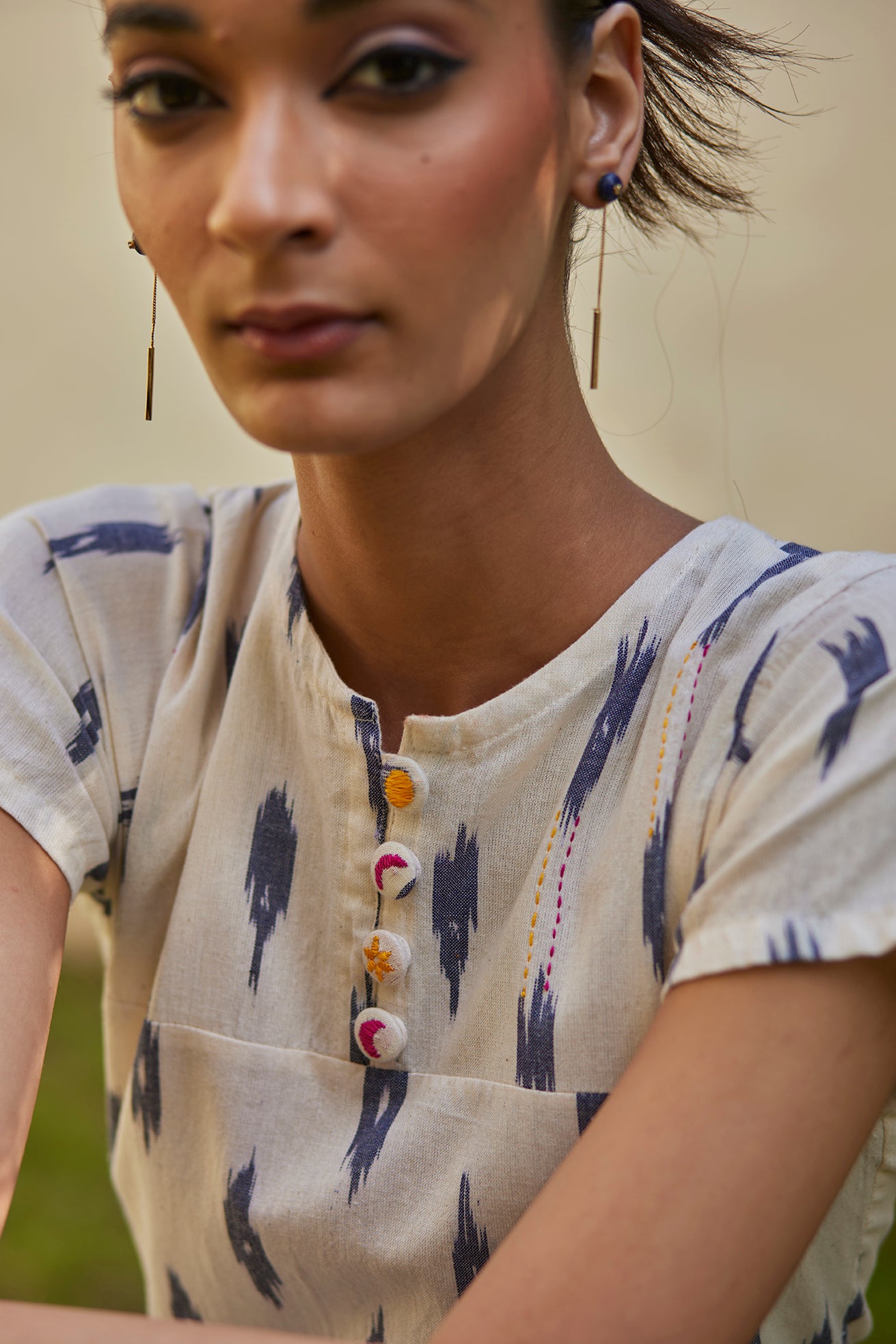 Short Sleeves White Ikat Dress
