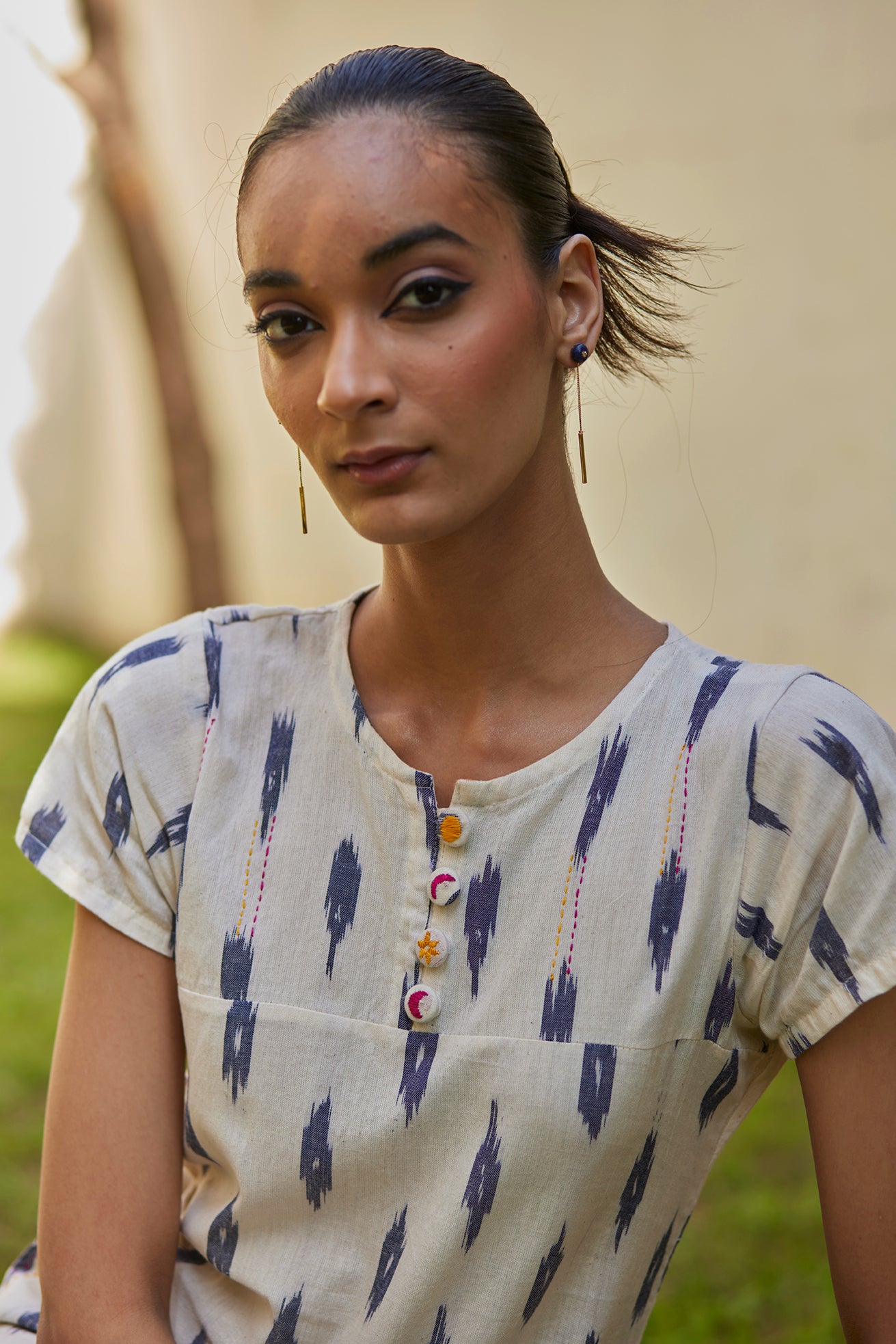 Short Sleeves White Ikat Dress