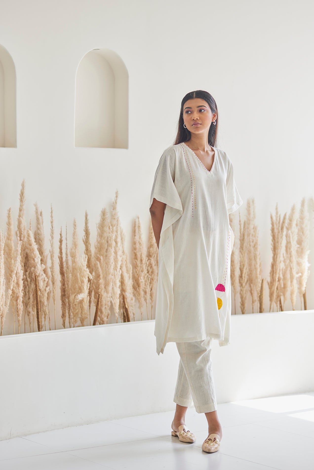 Embroidered White Cotton Kaftan