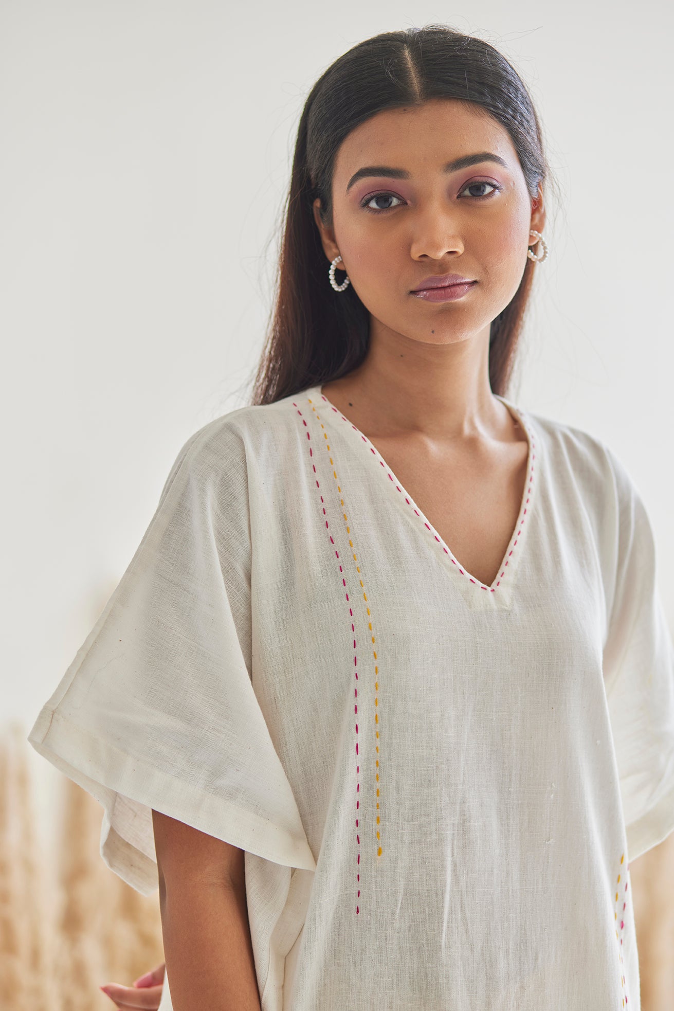 Embroidered White Cotton Kaftan