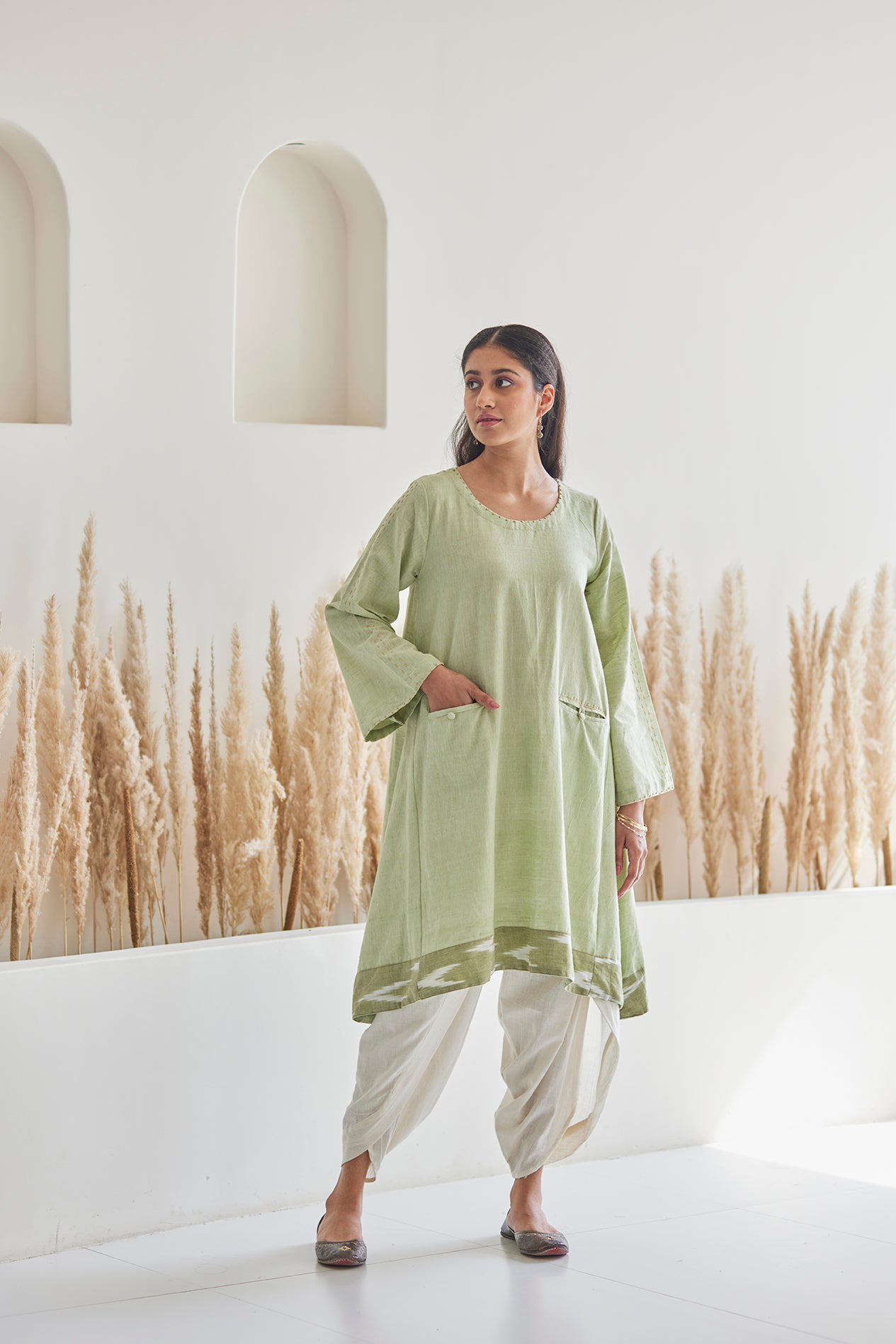 Pista Green Cotton Flowy Kurta