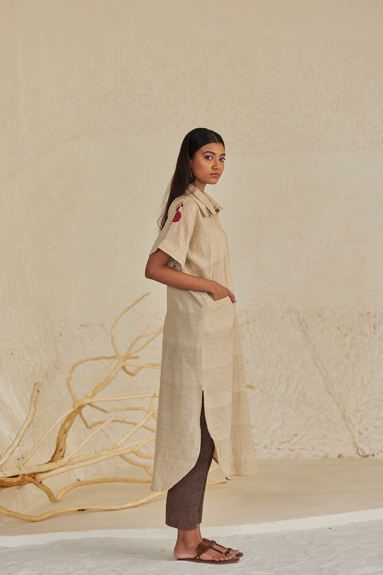 Hand-Embroidered Beige Kaftan
