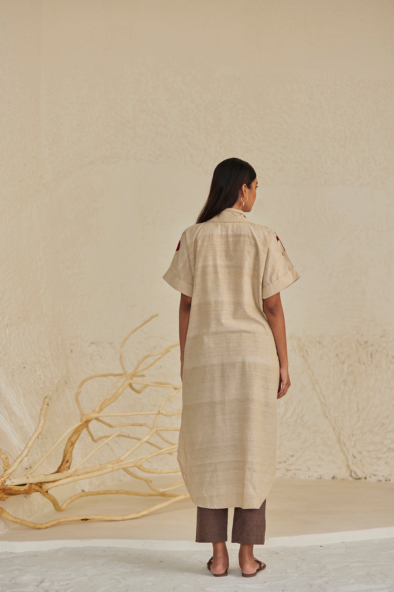 Hand-Embroidered Beige Kaftan