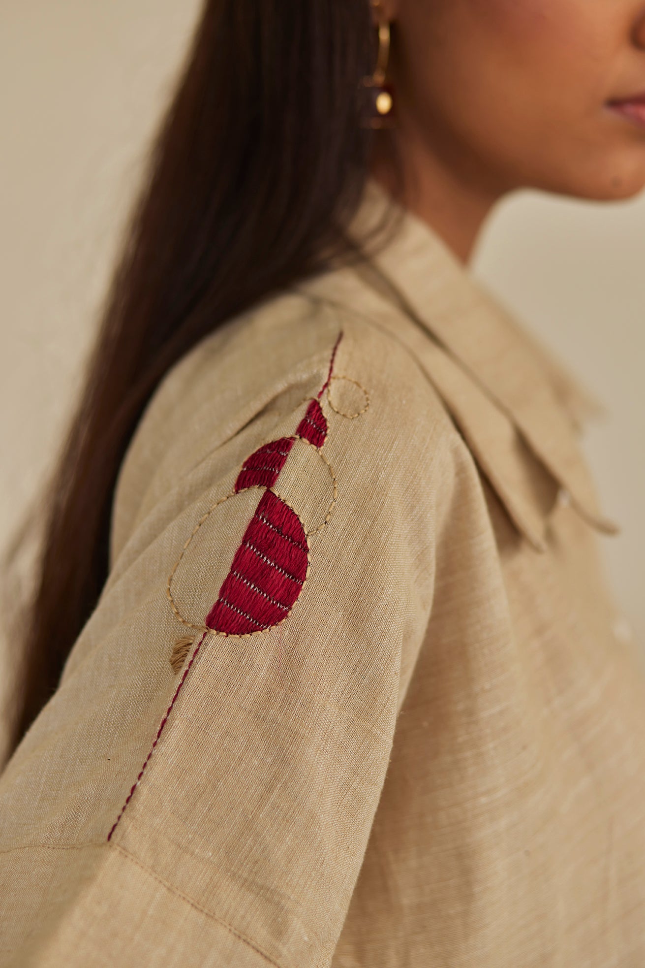 Hand-Embroidered Beige Kaftan