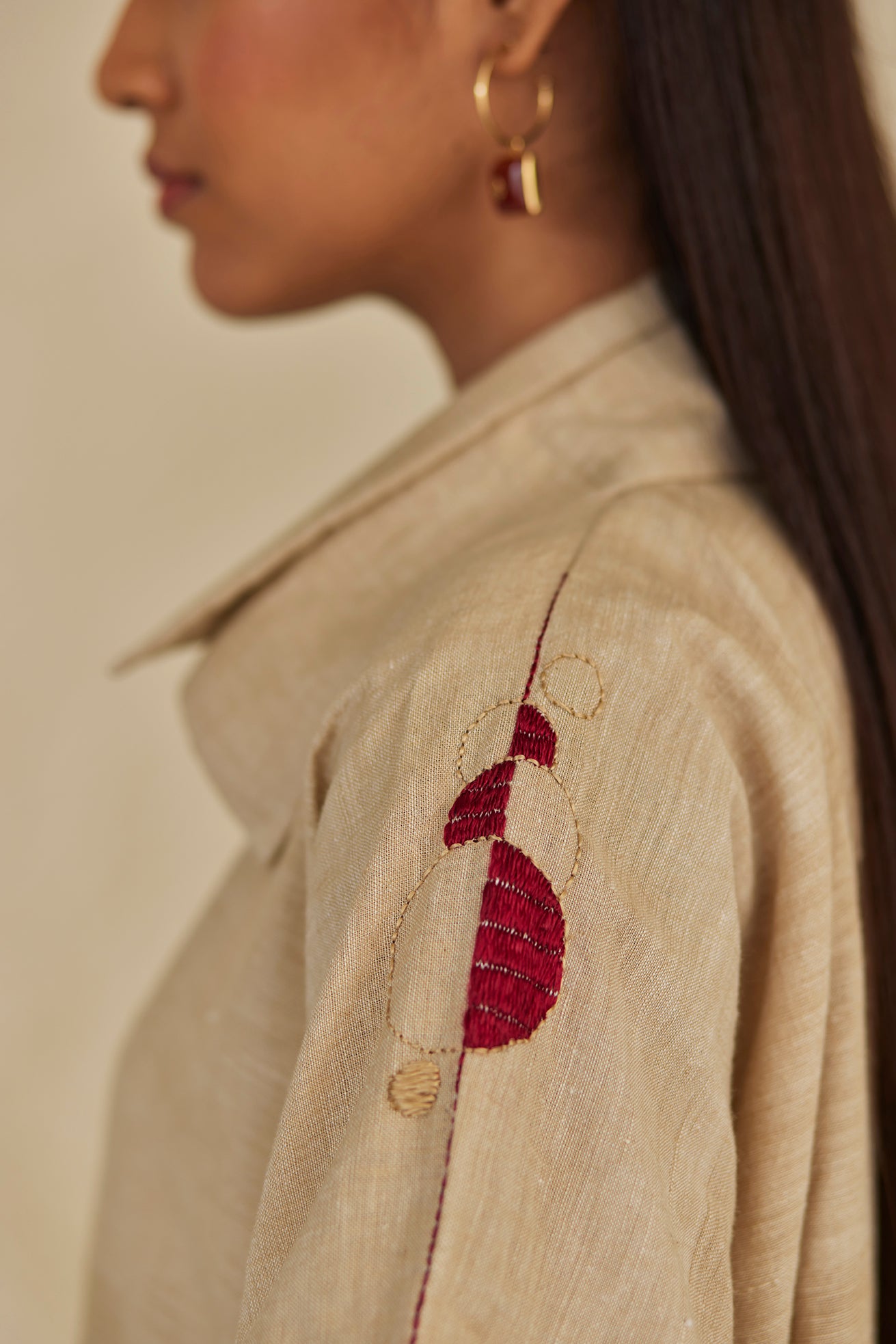 Hand-Embroidered Beige Kaftan