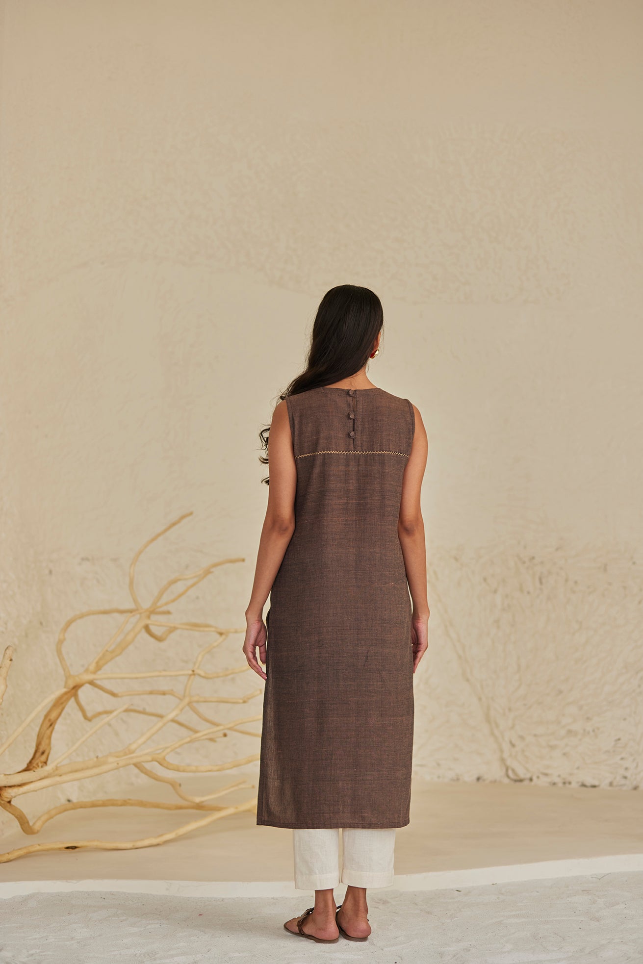 Brown Cut Sleeves Cotton Kurta
