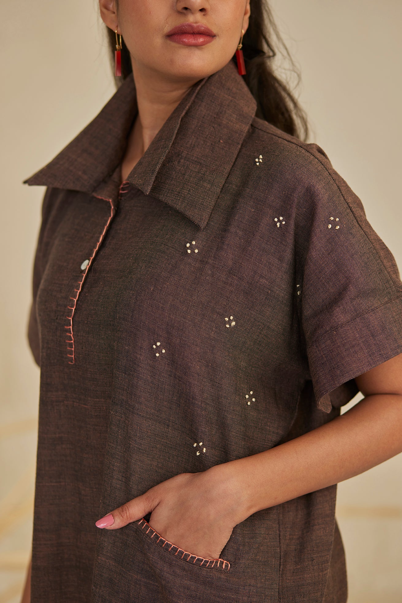 Collar Patterned Dark Brown Kaftan