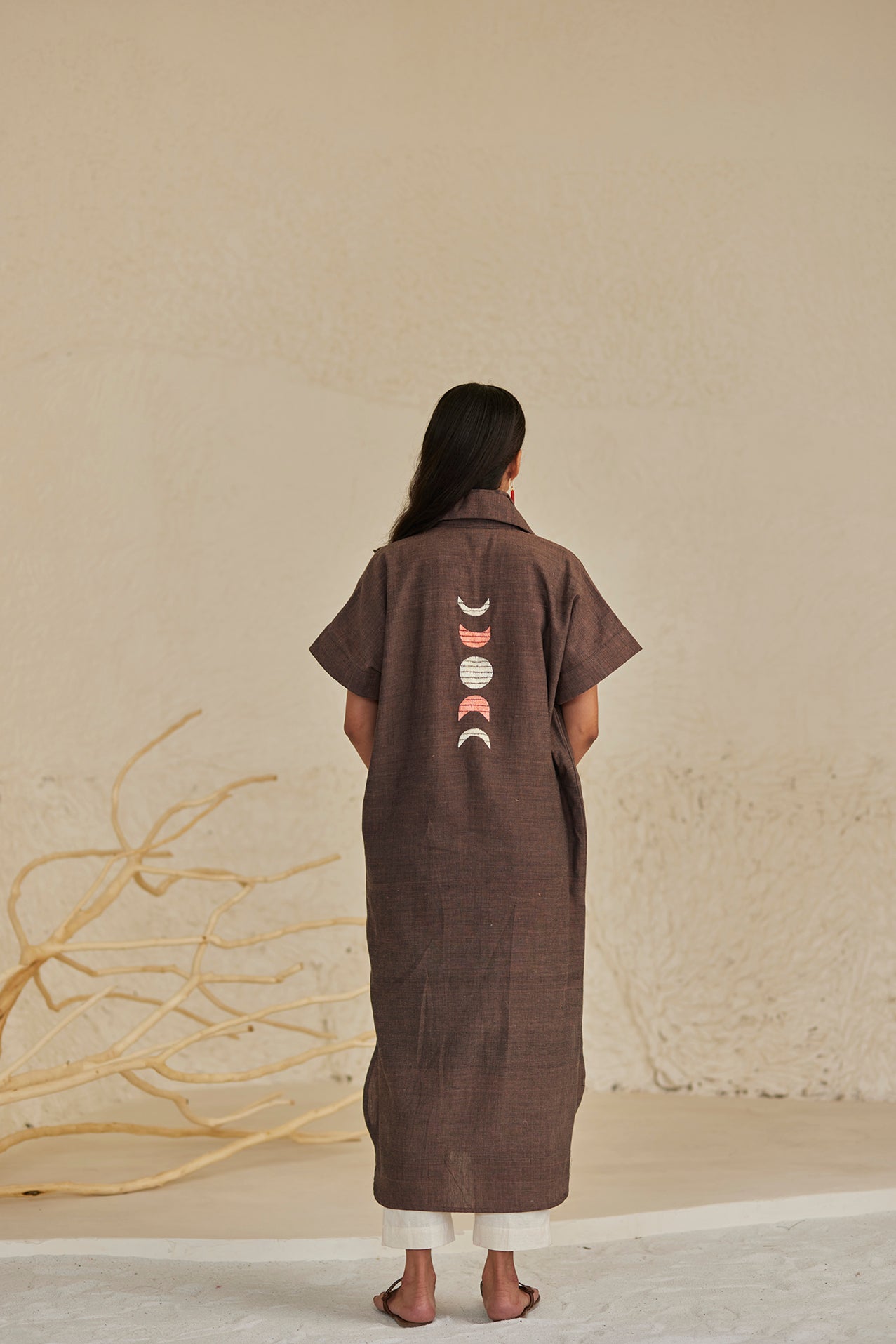 Collar Patterned Dark Brown Kaftan
