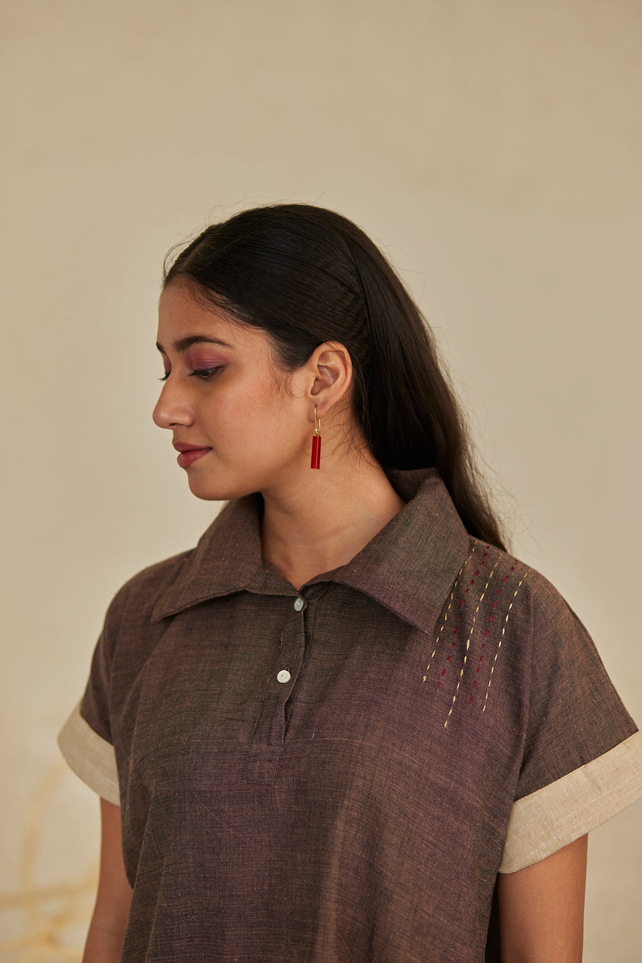 Cotton Dark Brown Embroidered Top