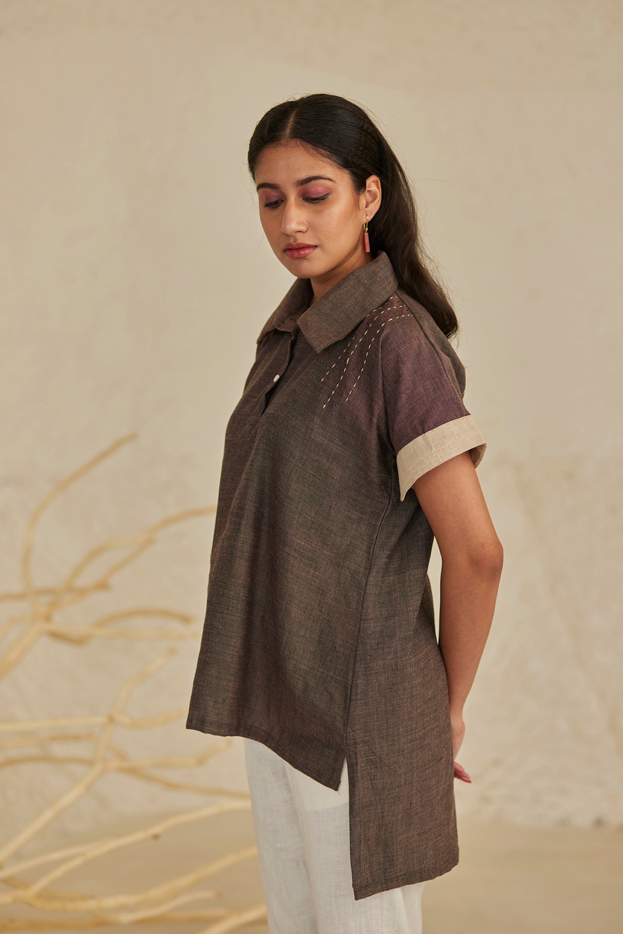 Cotton Dark Brown Embroidered Top