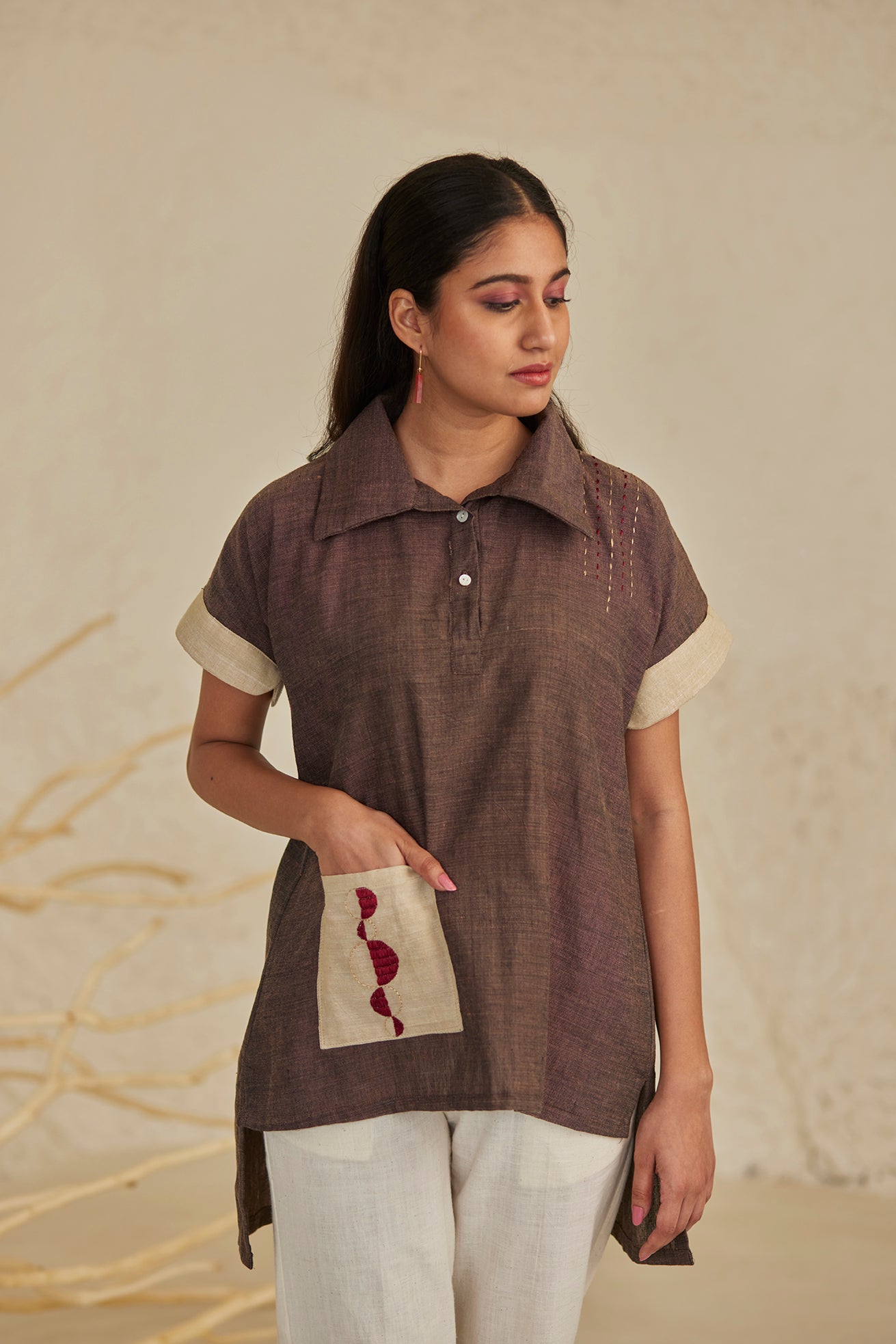 Cotton Dark Brown Embroidered Top